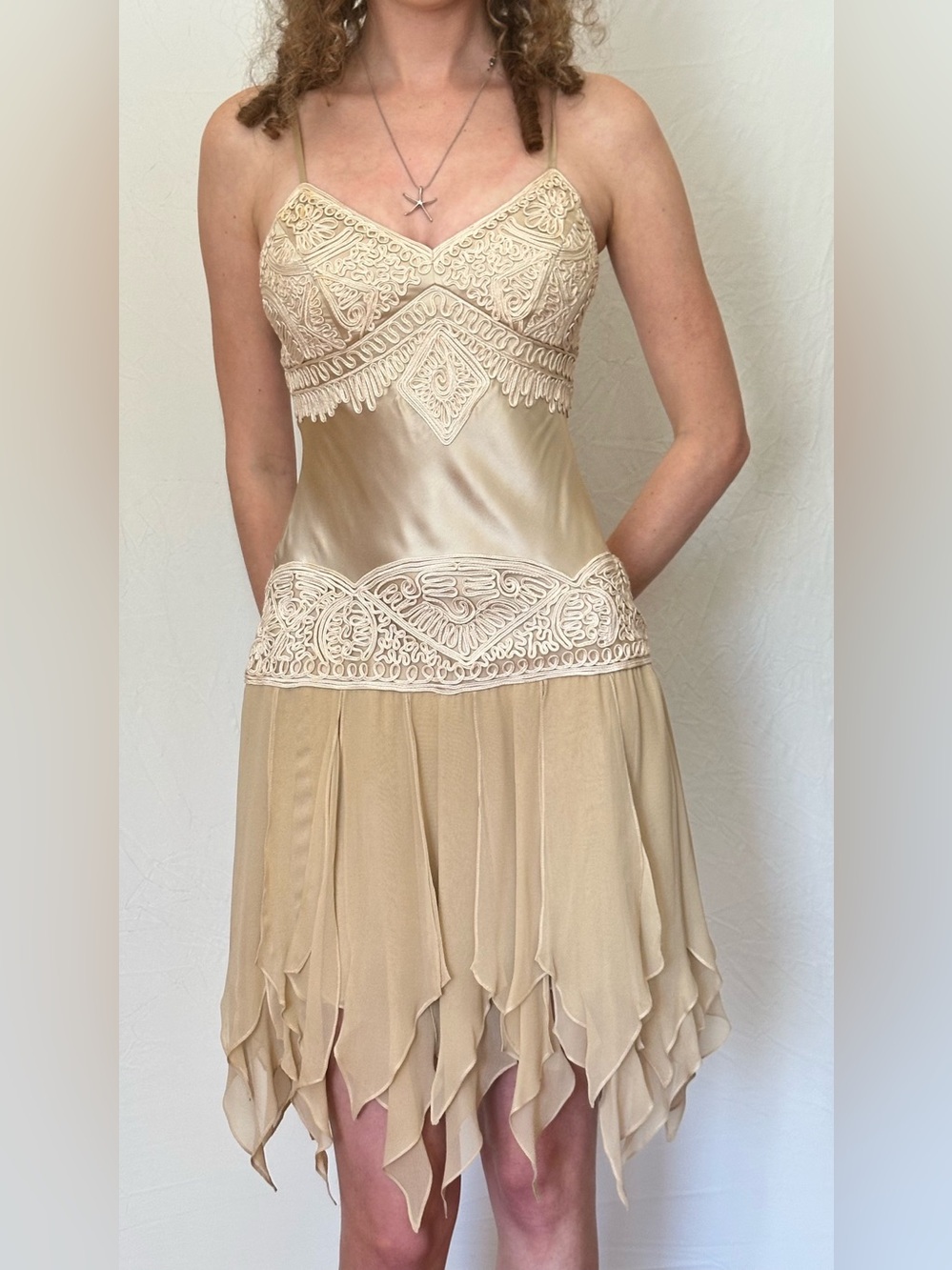 Beige Lace-Trim Slip Dress with Handkerchief Hem